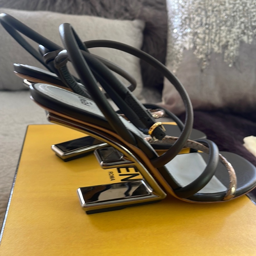 FENDI 
Colorblock Strappy Napa Architectural-Heel Sandals